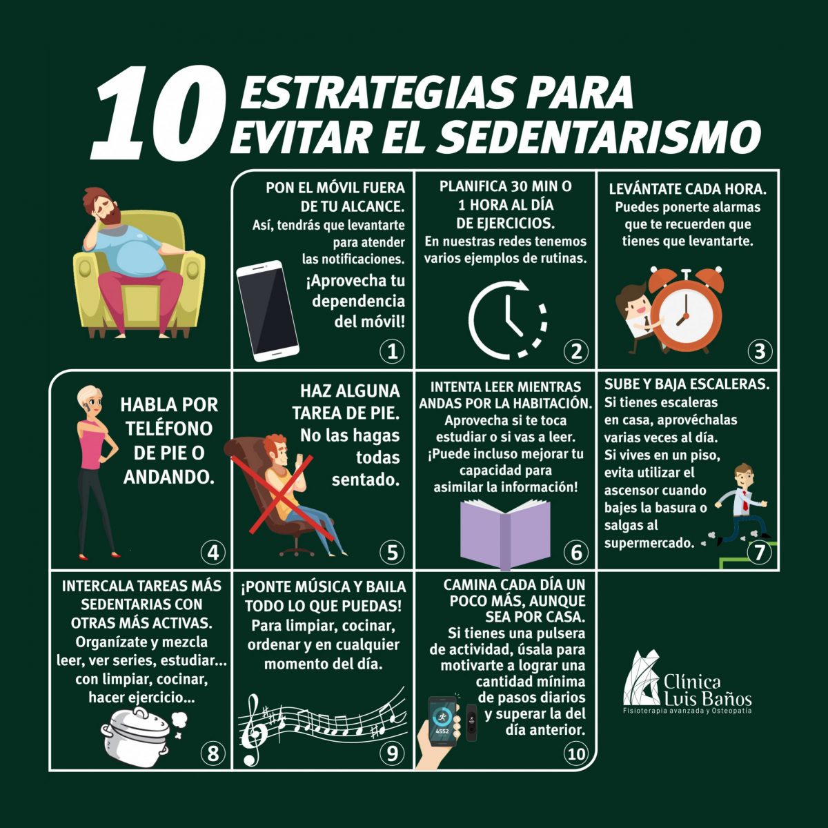 Infografía con las 10 estrategias para evitar el sedentarismo